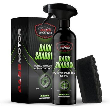 Abrillantador Hidratador Plásticos y Neumáticos BassMotor Dark Shadow 500ml | Restaurador de Gomas y Molduras Exterior Interior Coche Moto | Recupera Brillo, Protege UV, Sin Siliconas, Acabado Profesional con Esponja Aplicadora Extra