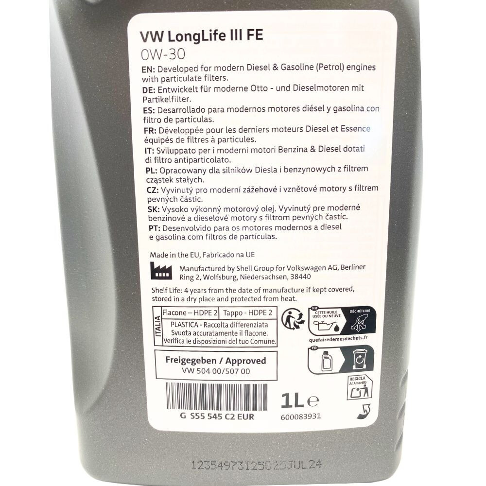 Aceite 0W30 Original Grupo VAG 5L Para Audi, Seat, Volkswagen, Cupra O Skoda GS55545M4