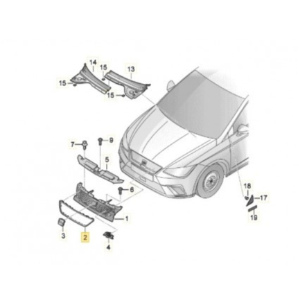 Calandra original Seat Ibiza V 6F08546439B9 | Parrilla delantera OEM Seat Ibiza 6F | Rejilla frontal paragolpes original Seat | Recambio original carrocería Seat Ibiza 2017-2021 | Parrilla frontal Seat Ibiza V referencia 6F0 854 643 9B9