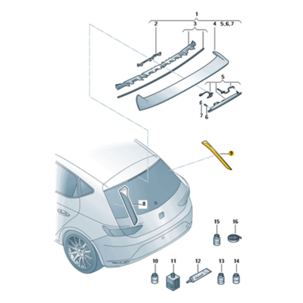 Spoiler trasero derecho negro brillante original Seat león 2013-2020 5F4854816041 (3)