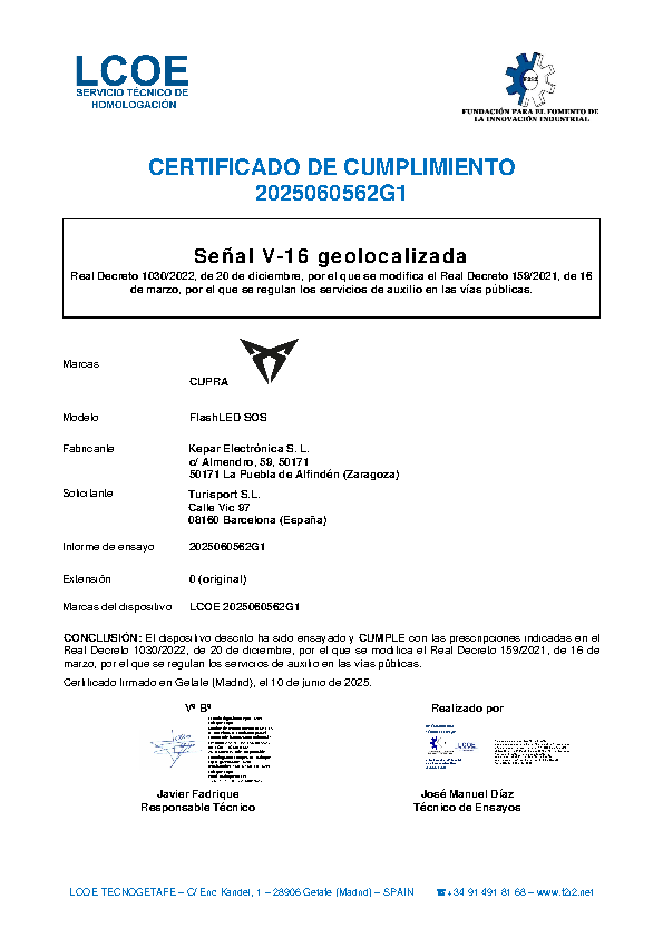 Luz de emergencia V16  Original CUPRA - Conectada a DGT 000052122H